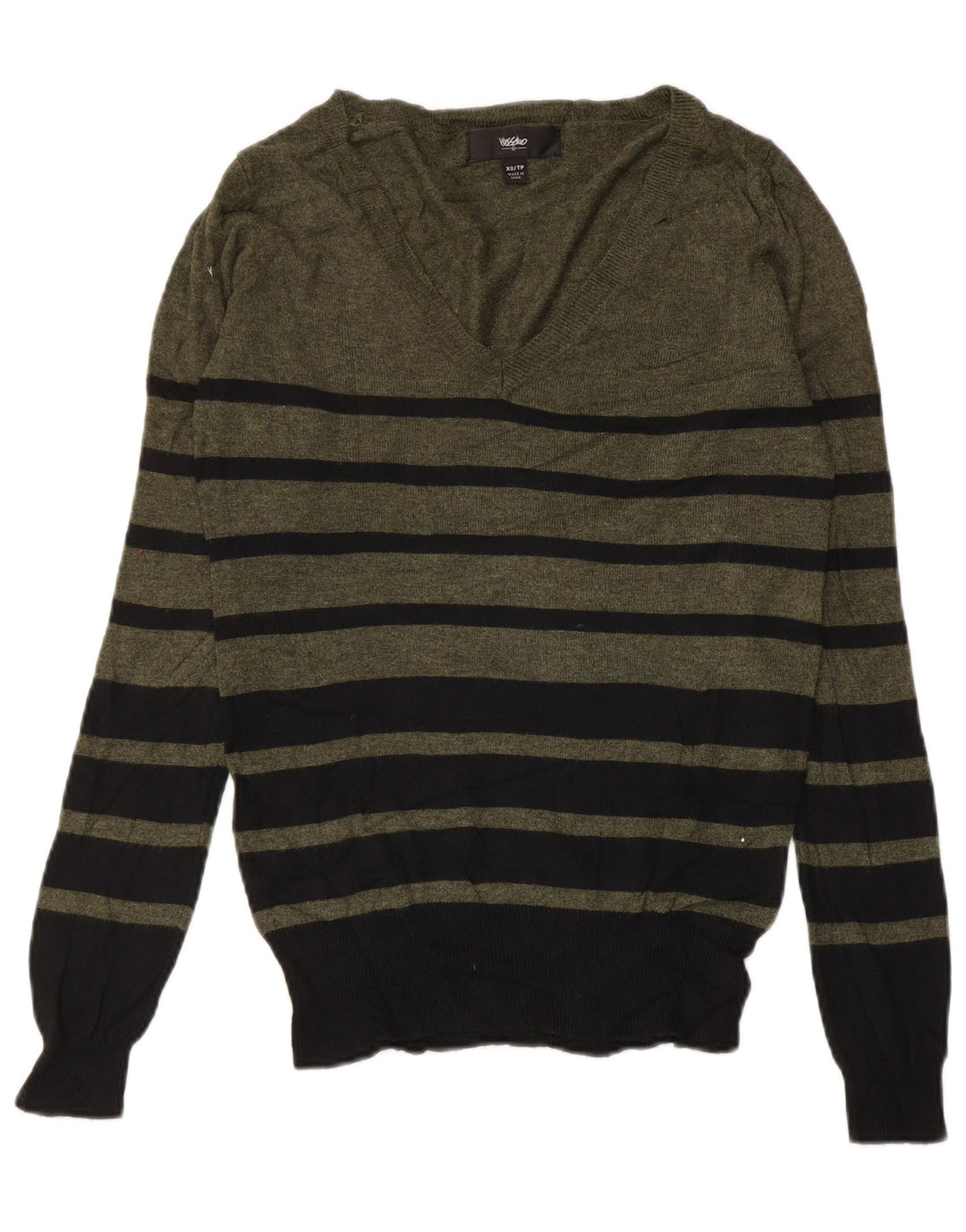 MOSSIMO Γυναικείο πουλόβερ με λαιμόκοψη με V λαιμόκοψη UK 6 XS Χακί ριγέ νάιλον