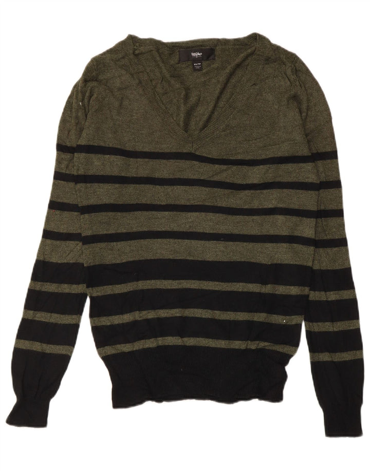 MOSSIMO Γυναικείο πουλόβερ με λαιμόκοψη με V λαιμόκοψη UK 6 XS Χακί ριγέ νάιλον