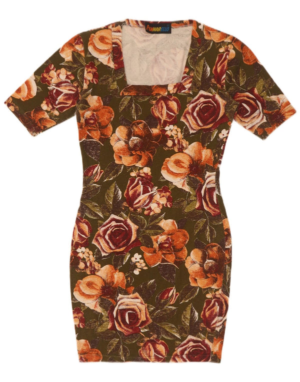 Vintage Γυναικείο Bodycon Φόρεμα UK 8 Small Khaki Floral Βαμβακερό