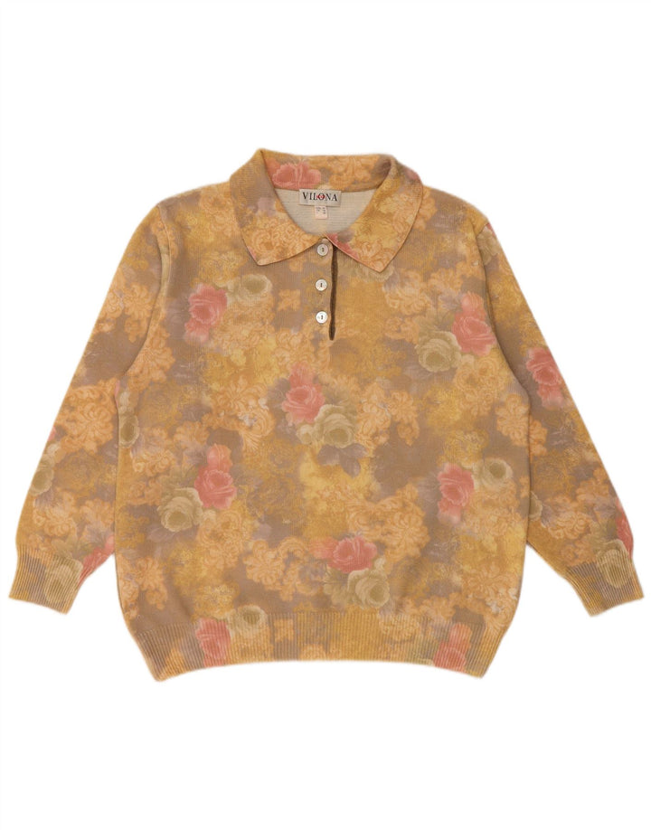 VILONA MODA Γυναικείο πουλόβερ με λαιμό πόλο UK 18 XL Κίτρινο λουλουδάτο μαλλί