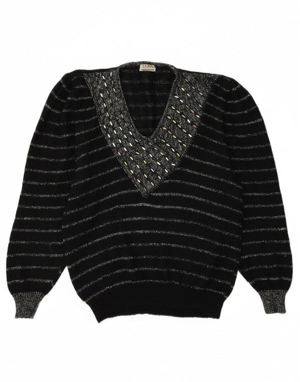 Bramante Womens V-Neck Jumper Sweater UK 16 Large Black Striped Mohair