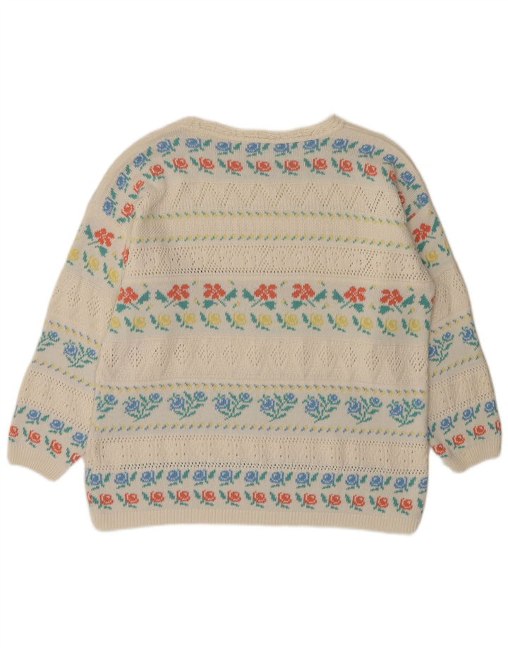 VINTAGE Γυναικείο πουλόβερ με λαιμό καραβάκι IT 46 μεγάλο λευκό φλοράλ ακρυλικό