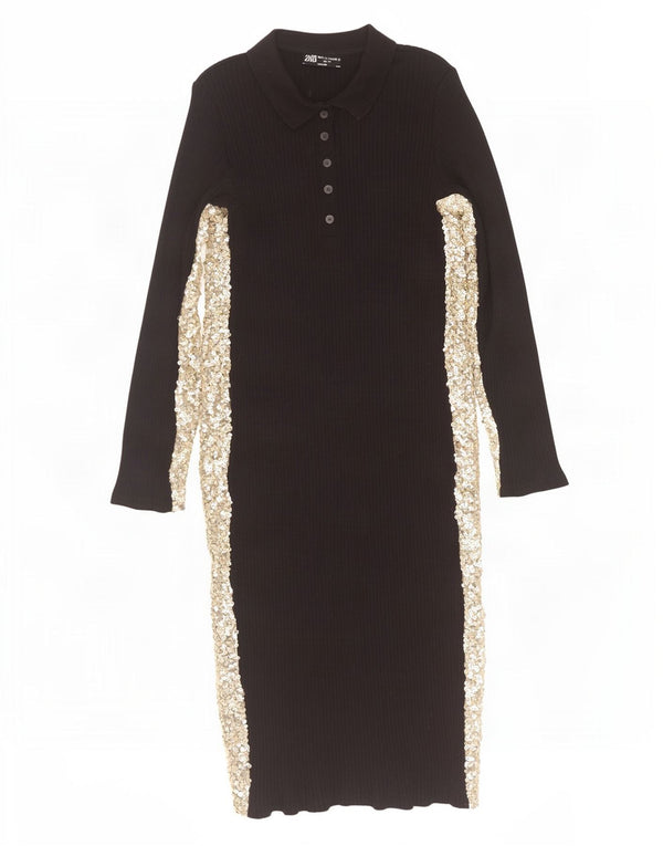 Zara Γυναικείο μακρυμάνικο φόρεμα πόλο UK 14 Large Black Colourblock