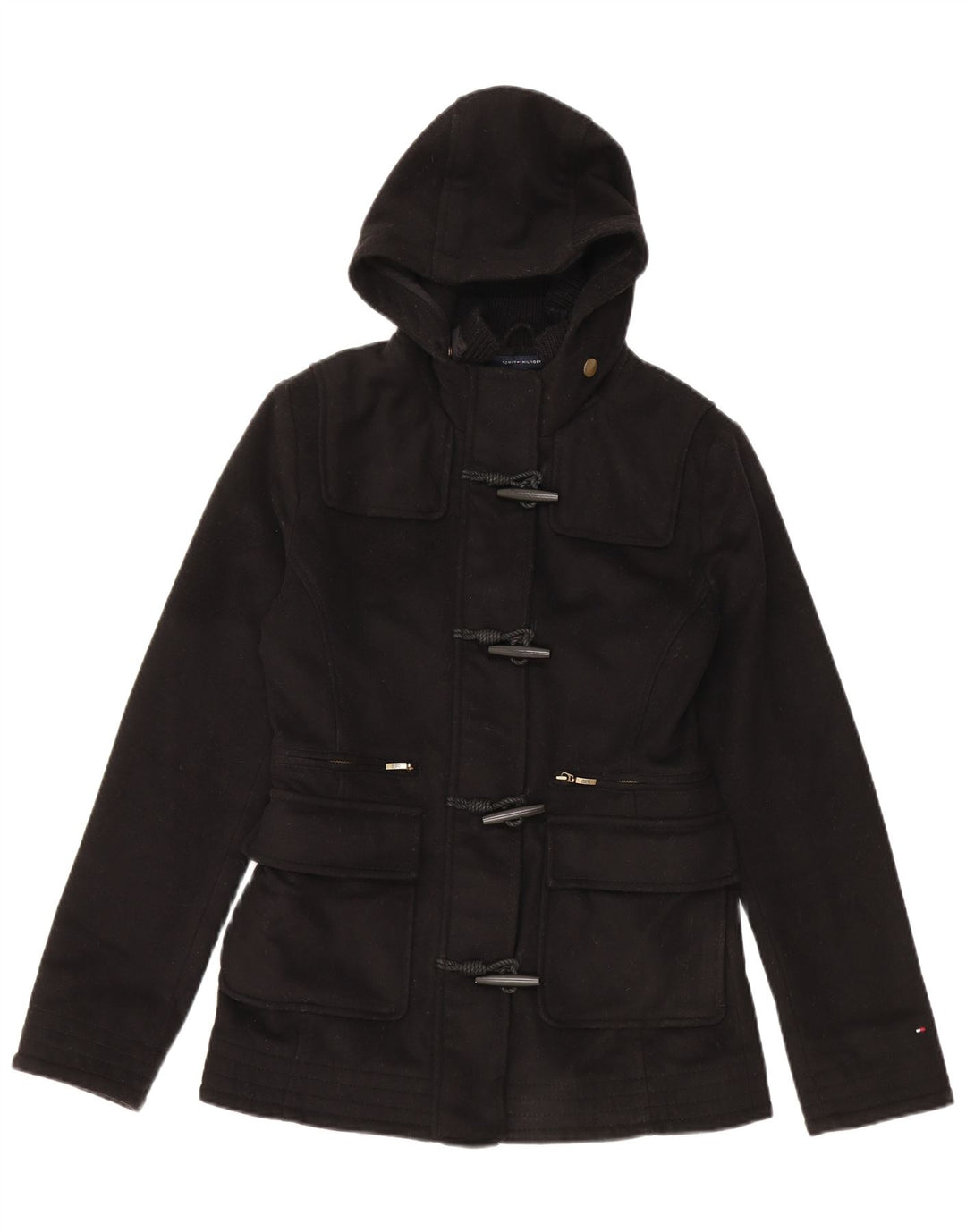 Tommy Hilfiger γυναικείο παλτό Duffle με κουκούλα UK 10 Μικρό μαύρο παρθένο μαλλί
