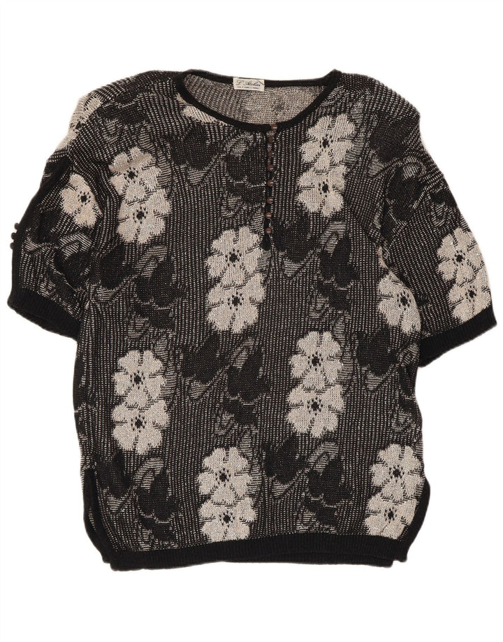 Vintage γυναικείο πουλόβερ με λαιμό με κουμπιά UK 14 Medium Black Floral