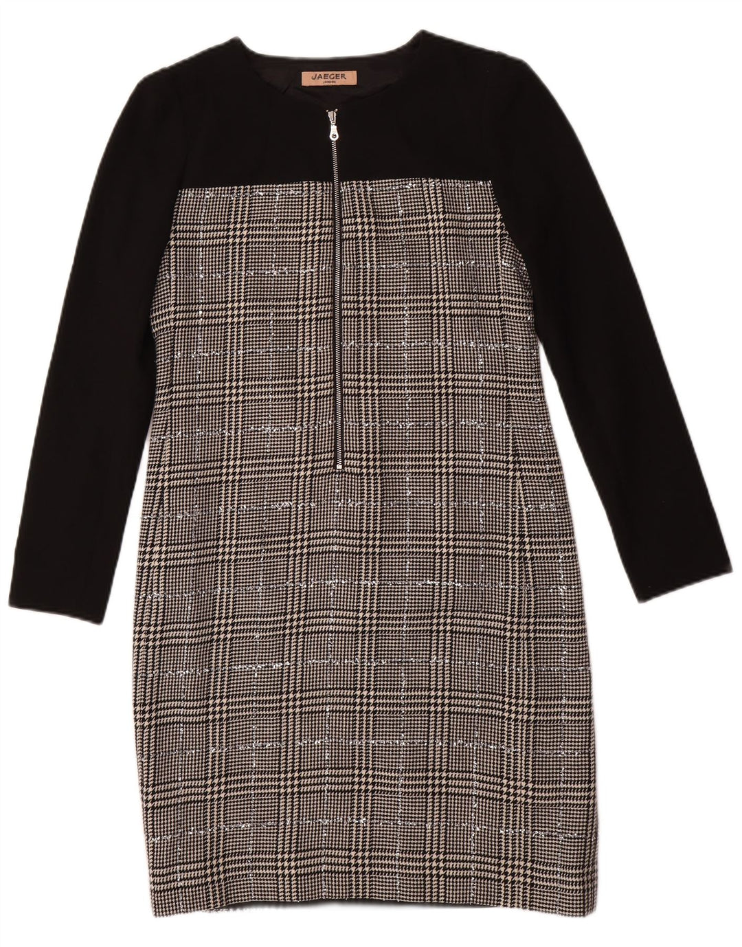 Γυναικείο μακρυμάνικο φόρεμα JAEGER UK 8 Small Black Houndstooth Wool