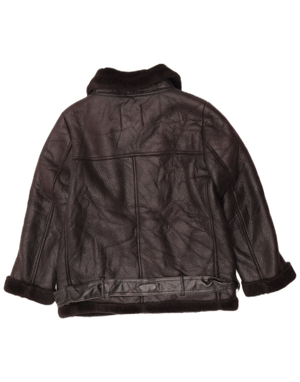 Zara Γυναικείο Faux Leather Sherpa Jacket UK 14 Medium Μαύρο Πολυουρεθάνη