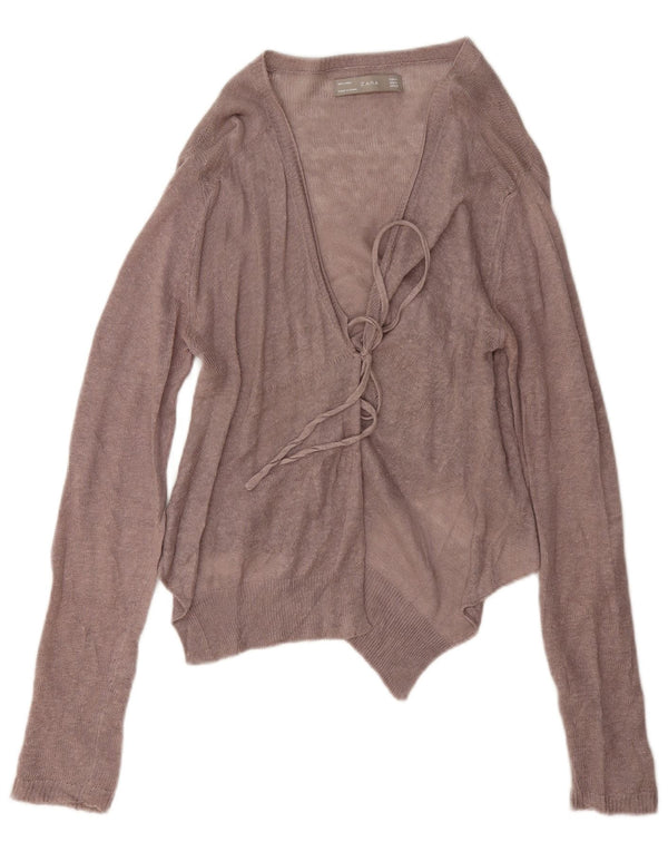 Zara Γυναικείο πουλόβερ ζακέτα Crop UK 12 Medium Brown Λινό
