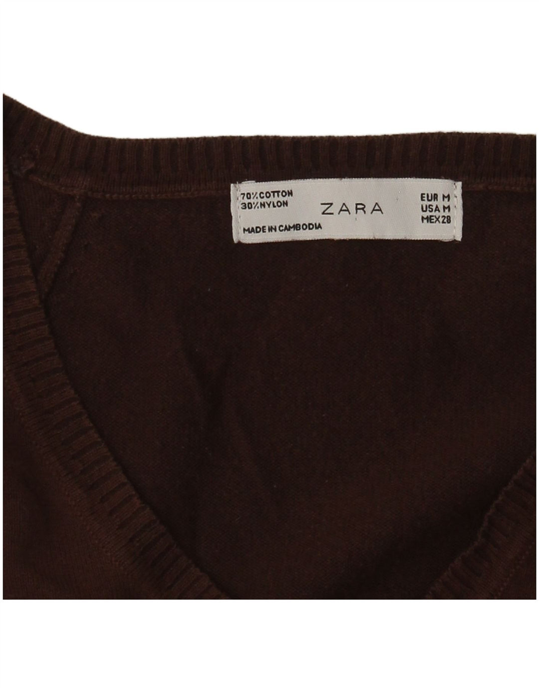 Zara Γυναικείο πουλόβερ με V λαιμόκοψη UK 12 μεσαίο καφέ βαμβακερό