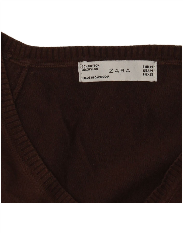 Zara Γυναικείο πουλόβερ με V λαιμόκοψη UK 12 μεσαίο καφέ βαμβακερό
