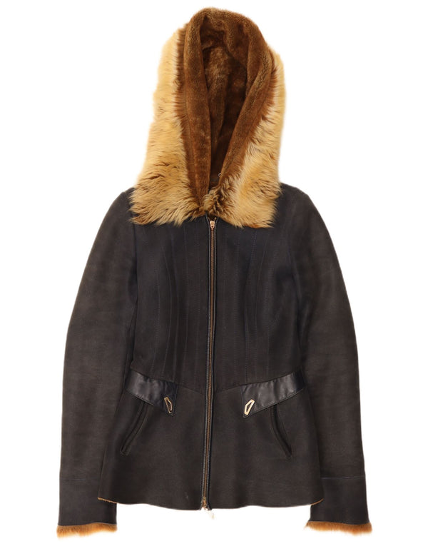 Vintage γυναικείο μπουφάν Shearling με κουκούλα EU 38 Medium Navy Blue δέρμα