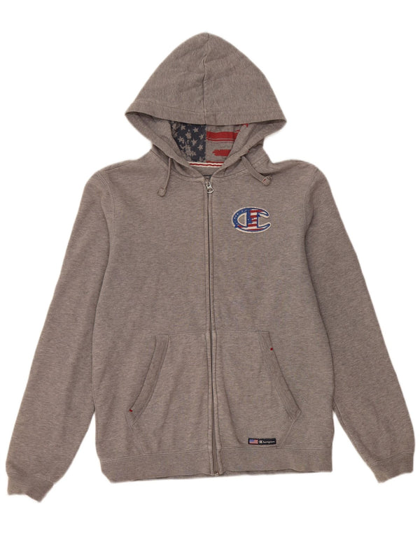 CHAMPION Girls Graphic Zip Hoodie Sweater 13-14 Years XL Grey Cotton