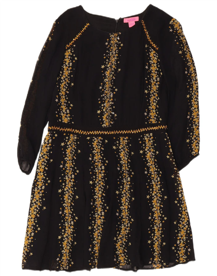 Γυναικείο αφηρημένο μοτίβο MONSOON 3/4 Φόρεμα Α-γραμμής με μανίκια UK 12 μεσαίο μαύρο