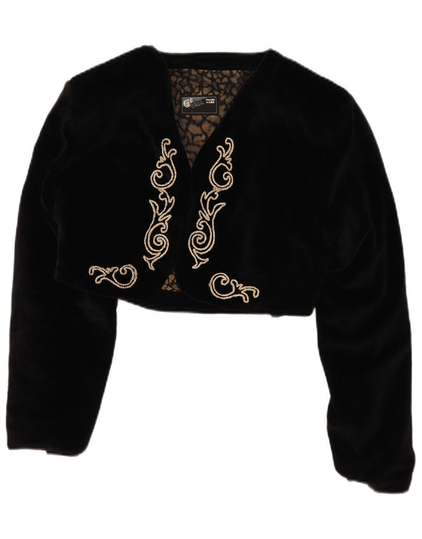 Vintage Γυναικείο Velvet Bolero Jacket UK 14 Medium Black Floral Βαμβακερό