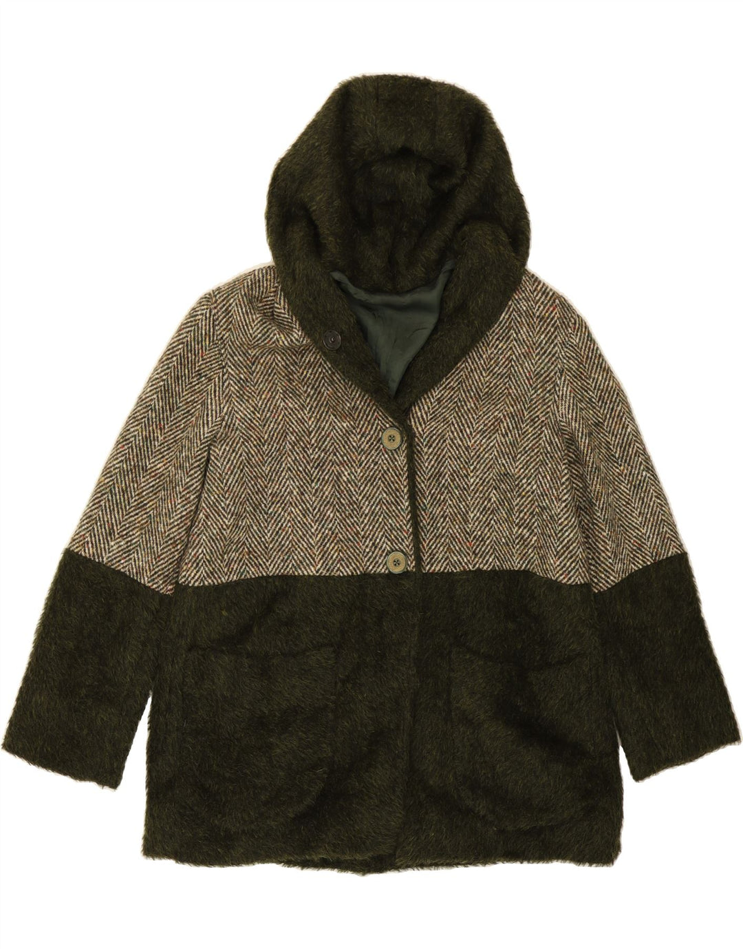 VINTAGE Womens Hooded Overcoat UK 14 Medium Green Colourblock Vintage Vintage and Second-Hand Vintage from Messina Hembry 