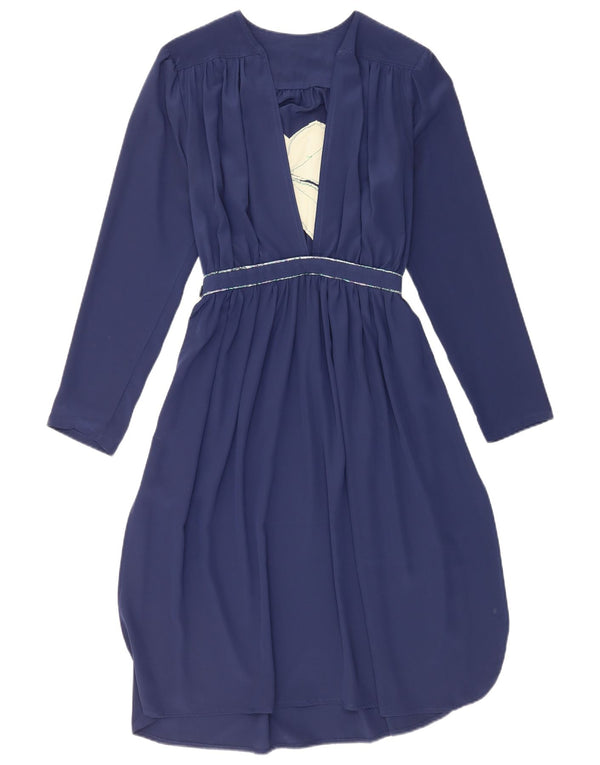 Vintage γραφικό γυναικείο μακρυμάνικο φόρεμα Α-γραμμής UK 14 Medium Navy Blue