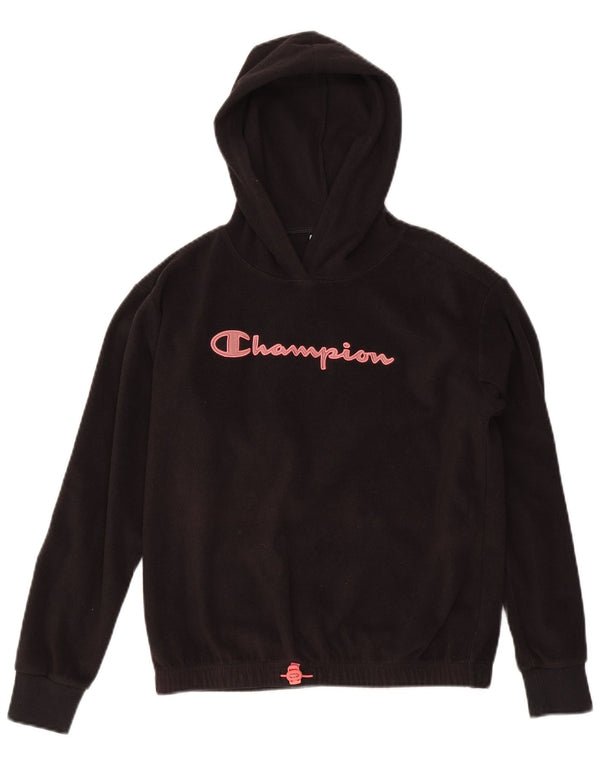 Champion Girls Graphic Hooded Fleece Jumper 13-14 Years XL Black Polyester