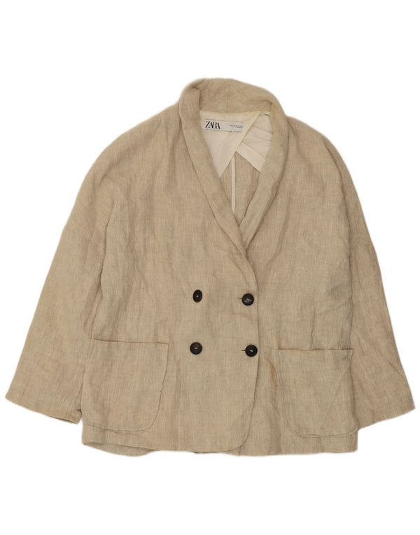 Zara Γυναικείο Μπλέιζερ Διπλό Μπουφάν UK 14 Medium Beige Λινό
