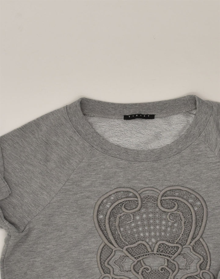 SISLEY Womens Graphic Sweatshirt Jumper UK 6 XS Grey Cotton | Vintage Sisley | Thrift | Second-Hand Sisley | Used Clothing | Messina Hembry 