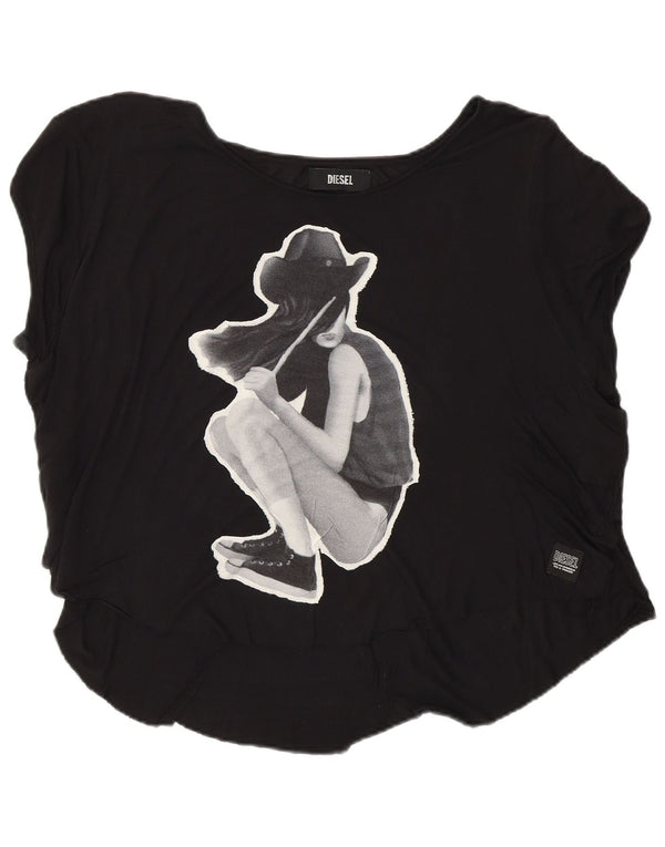 Diesel Γυναικείο γραφικό T-Shirt Top UK 16 Large Black Viscose