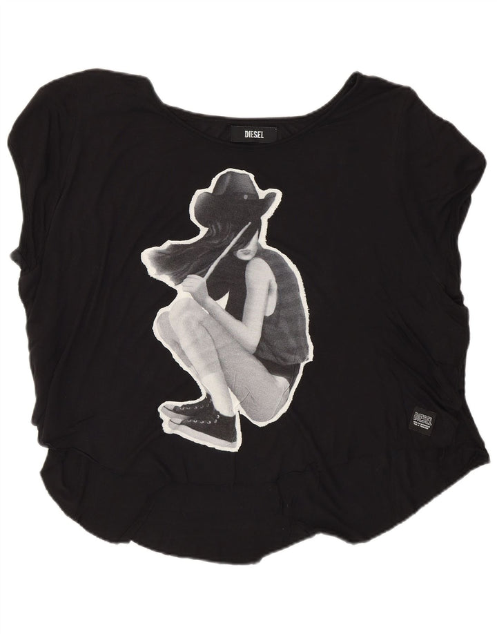 Diesel Γυναικείο γραφικό T-Shirt Top UK 16 Large Black Viscose