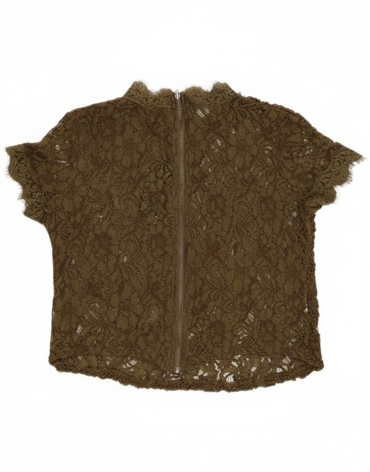 Zara Γυναικεία Δαντέλα See Through Μπλούζα Top UK 8 Small Khaki