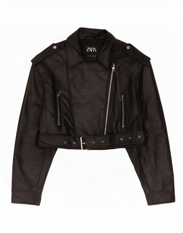 Zara Womens Crop Faux Leather Biker Jacket UK 18 XL Μαύρο Πολυεστέρας