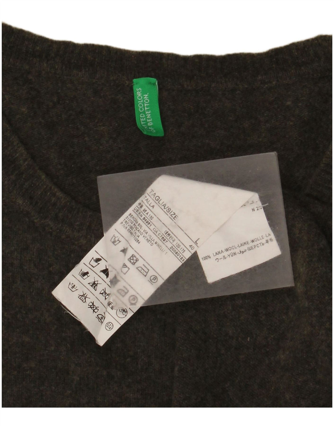 BENETTON Ανδρικό πουλόβερ με λαιμόκοψη, μεγάλο χακί μαλλί