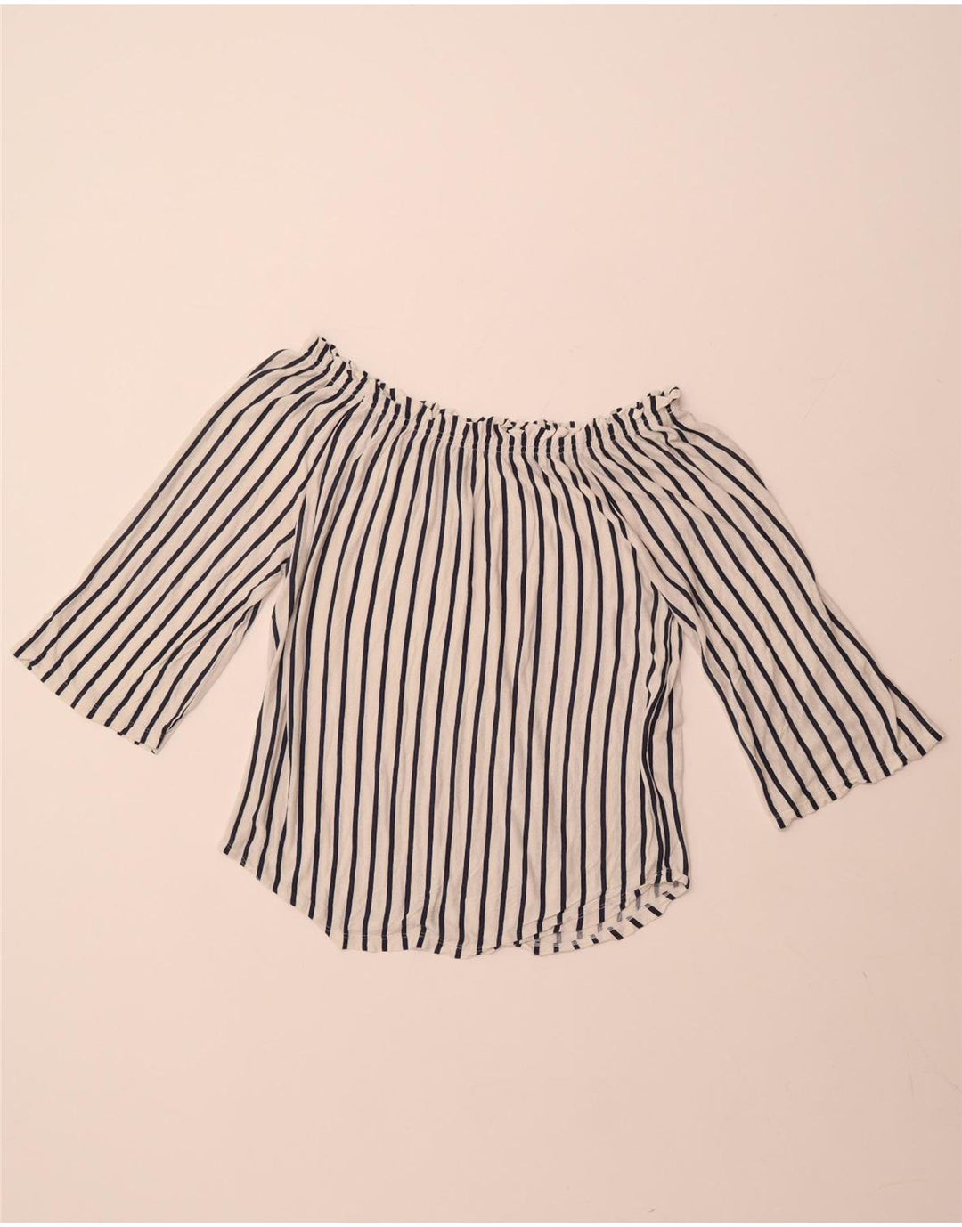 BENETTON Γυναικείο μανίκι 3/4 μπλούζα ώμου UK 14 μέτριο λευκό ριγέ