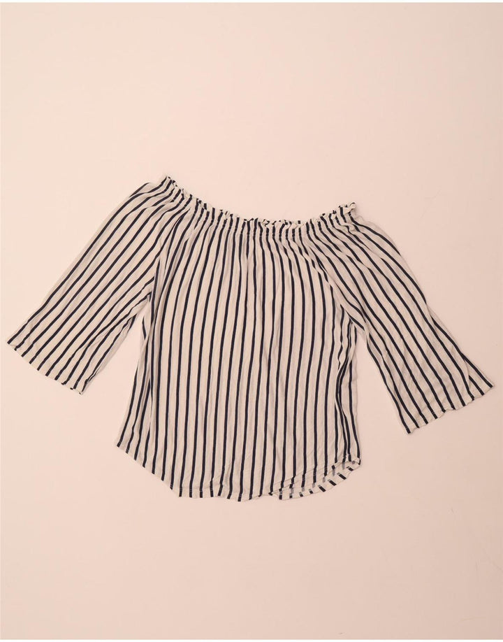 BENETTON Γυναικείο μανίκι 3/4 μπλούζα ώμου UK 14 μέτριο λευκό ριγέ