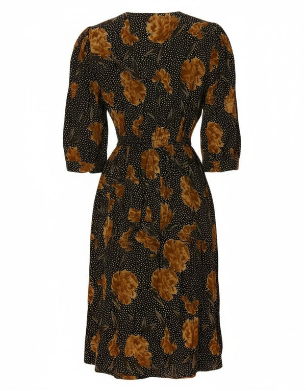 Vintage γυναικείο μάξι φόρεμα 3/4 μανίκι UK 16 μεγάλο μαύρο λουλουδάτο οξικό