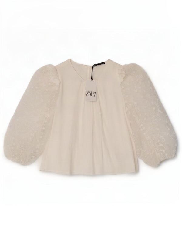 Zara Γυναικεία μπλούζα με 3/4 μανίκια Τοπ UK 14 Μεγάλη Λευκή Βισκόζη