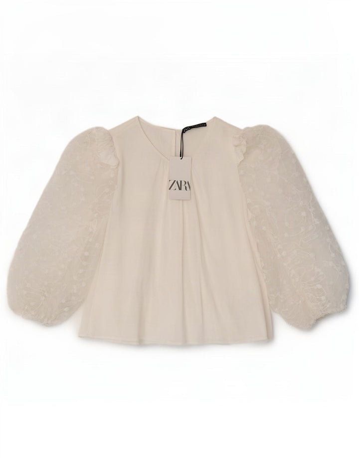 Zara Γυναικεία μπλούζα με 3/4 μανίκια Τοπ UK 14 Μεγάλη Λευκή Βισκόζη