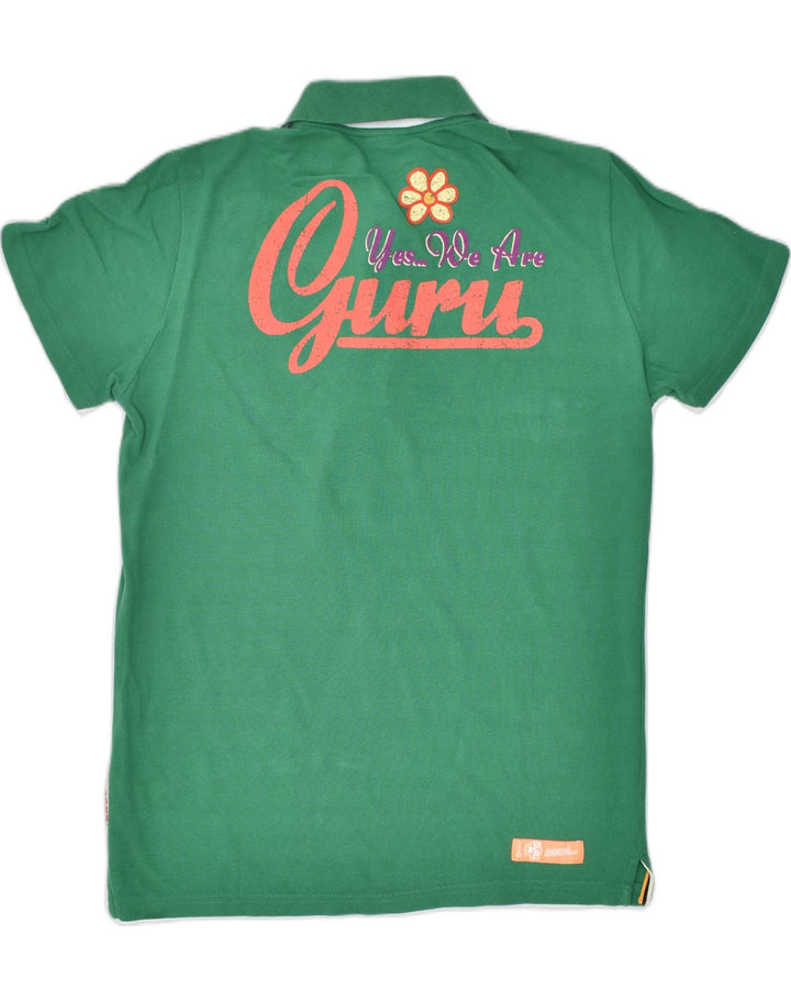 GURU Mens Graphic Polo Shirt Large Green Cotton | Vintage | Thrift | Second-Hand | Used Clothing | Messina Hembry 