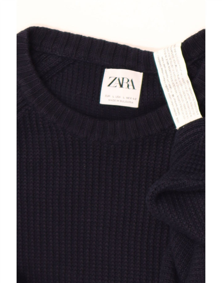 Zara Ανδρικό πουλόβερ με λαιμόκοψη με λαιμόκοψη μεγάλο σε μπλε βαμβακερό