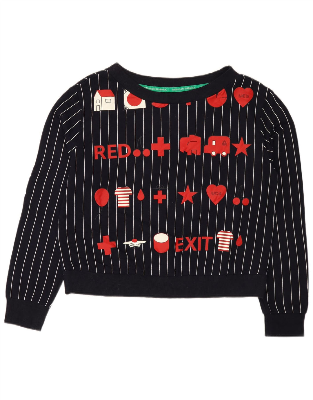 Γυναικείο γραφικό φούτερ Benetton Jumper UK 14 Medium Navy Blue ριγέ