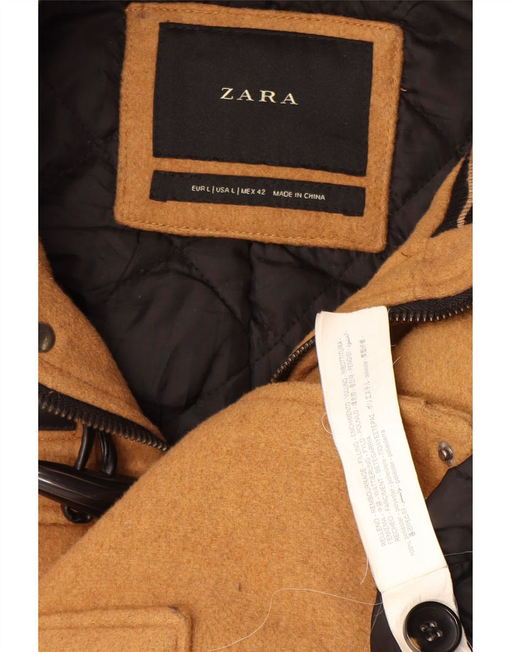 Zara Ανδρικό παλτό Duffle με κουκούλα UK 40 Large Brown Polyester