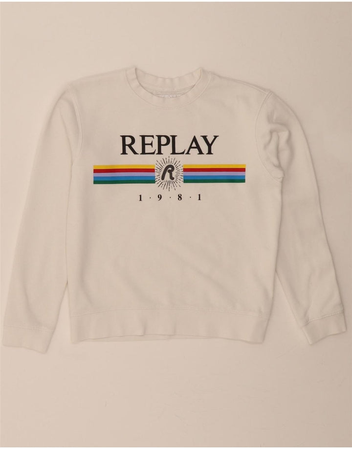 REPLAY Womens Graphic Sweatshirt Jumper UK 10 Small White Cotton Vintage Replay and Second-Hand Replay from Messina Hembry 