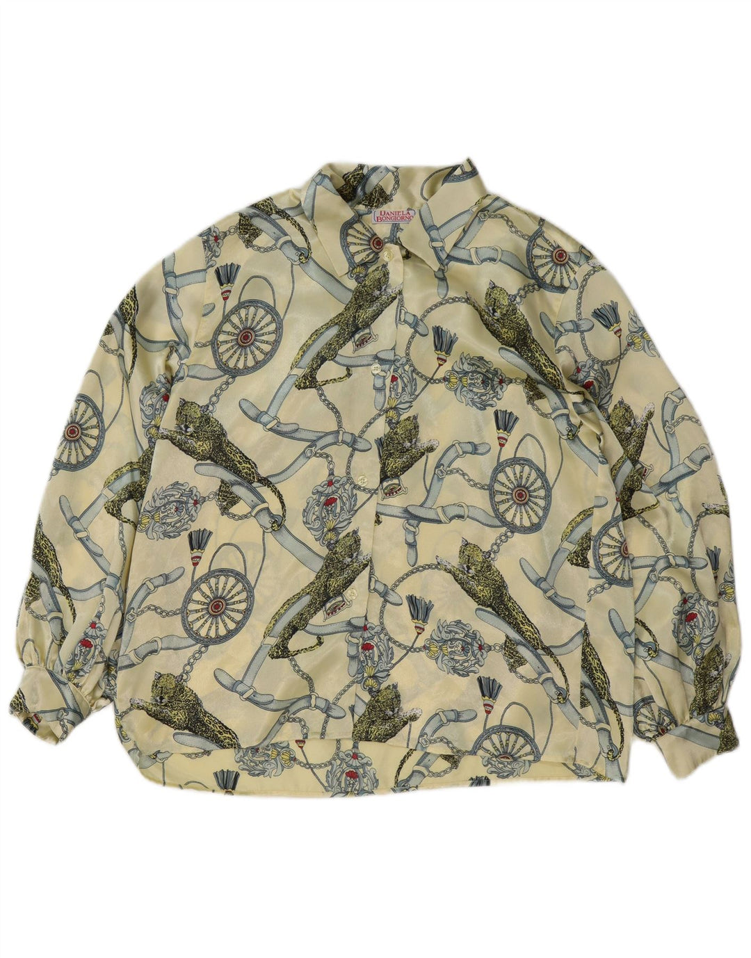 Vintage γυναικείο γραφικό πουκάμισο μπλούζα IT 48 XL κίτρινο πολυεστέρα