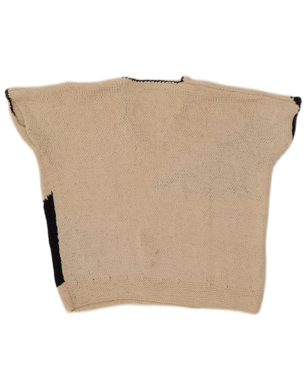 Vintage Womens Crop V-Neck Jumper Sweater UK 12 Medium Beige Colourblock