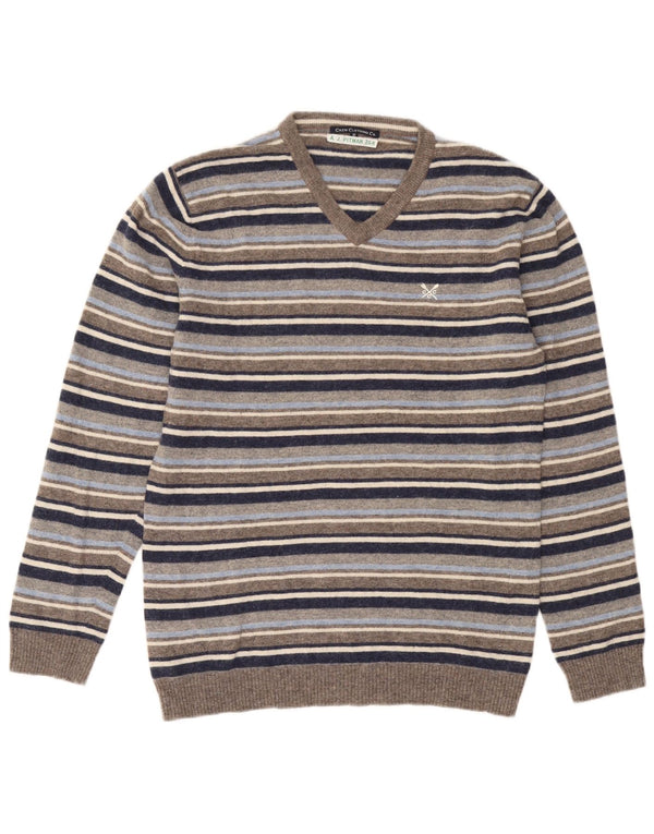 Crew Clothing Mens V-Neck Jumper Sweater Medium Grey Striped Wool
