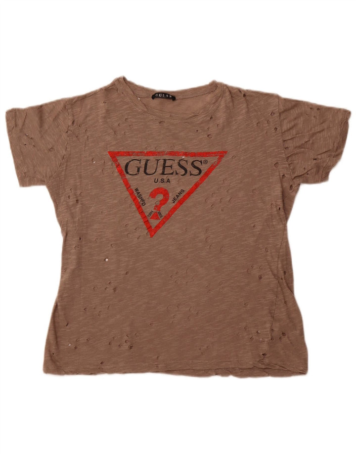 Γυναικείο διάτρητο γραφικό μπλουζάκι Guess Top UK 14 Μεσαίο καφέ