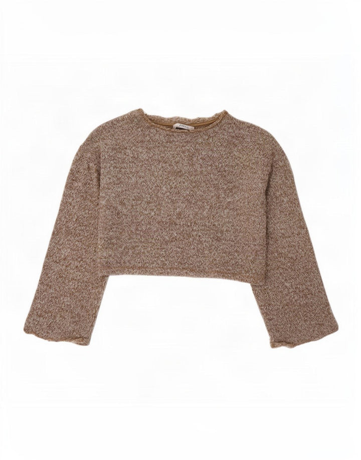 Zara Γυναικεία Crop Oversized Top μακρυμάνικο UK 10 Μικρός καφέ πολυεστέρας