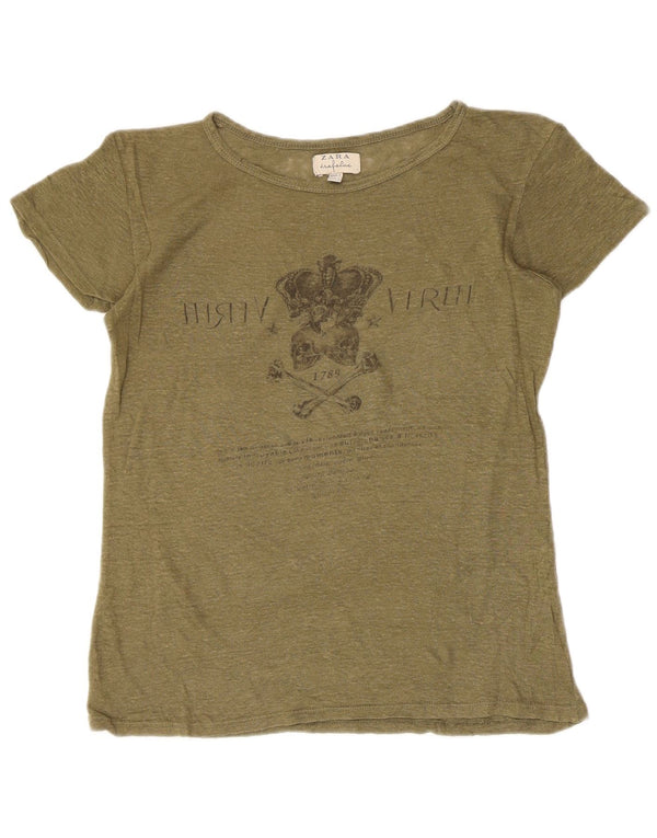 Zara Γυναικείο T-Shirt Trafaluc Graphic Top UK 10 Small Khaki