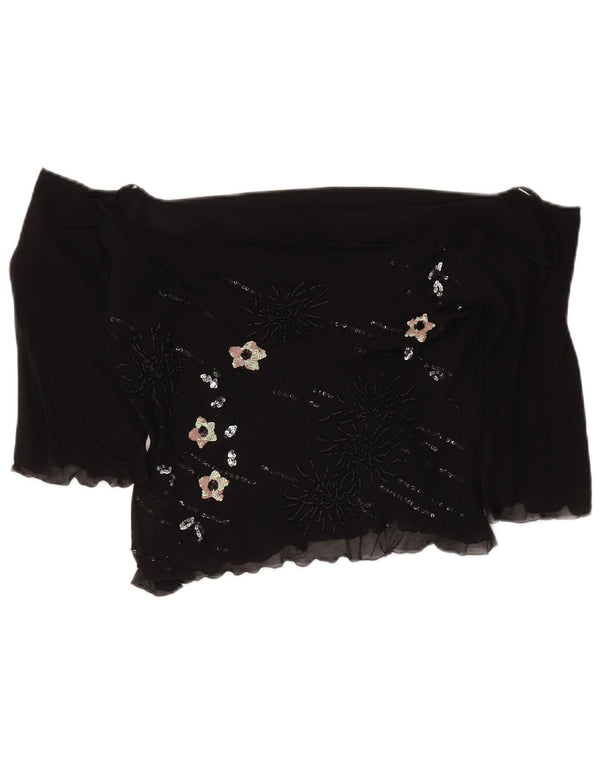 Vintage γυναικείο μανίκι Crop 3/4 Off Shoulder Top UK 18 XL Black Floral Silk