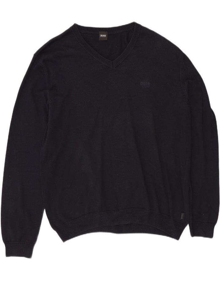 Ανδρικό πουλόβερ HUGO BOSS με V λαιμόκοψη XL Μπλε βαμβακερό