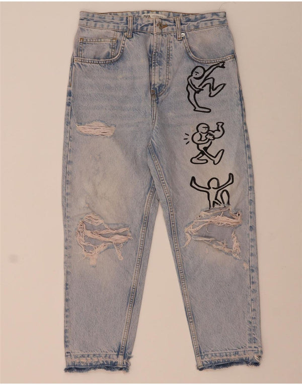 Ανδρικό Zara Graphic Distressed Cropped Jeans EU 38 Small W30 L24 Blue Cotton