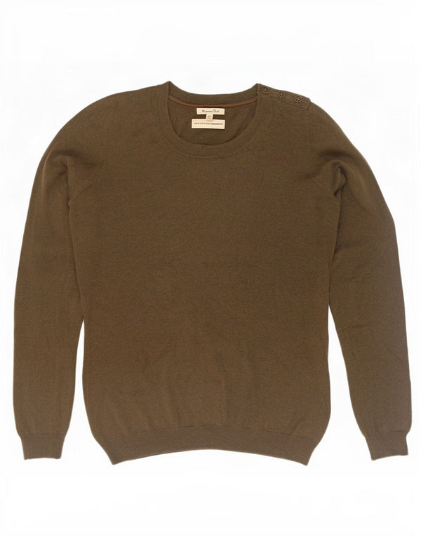 Massimo Dutti Womens Crew Neck Jumper Sweater UK 12 Medium Khaki Cotton