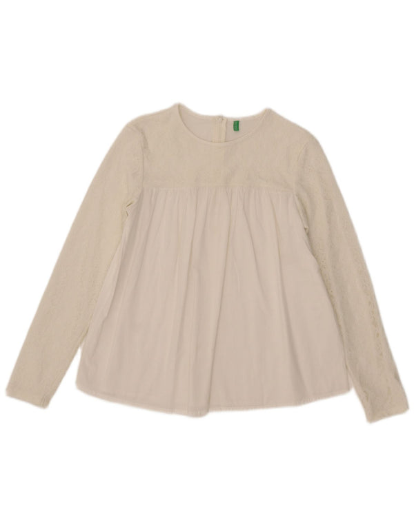 Benetton Girls Long Sleeve Blouse Top 13-14 Years 3XL White Floral Cotton