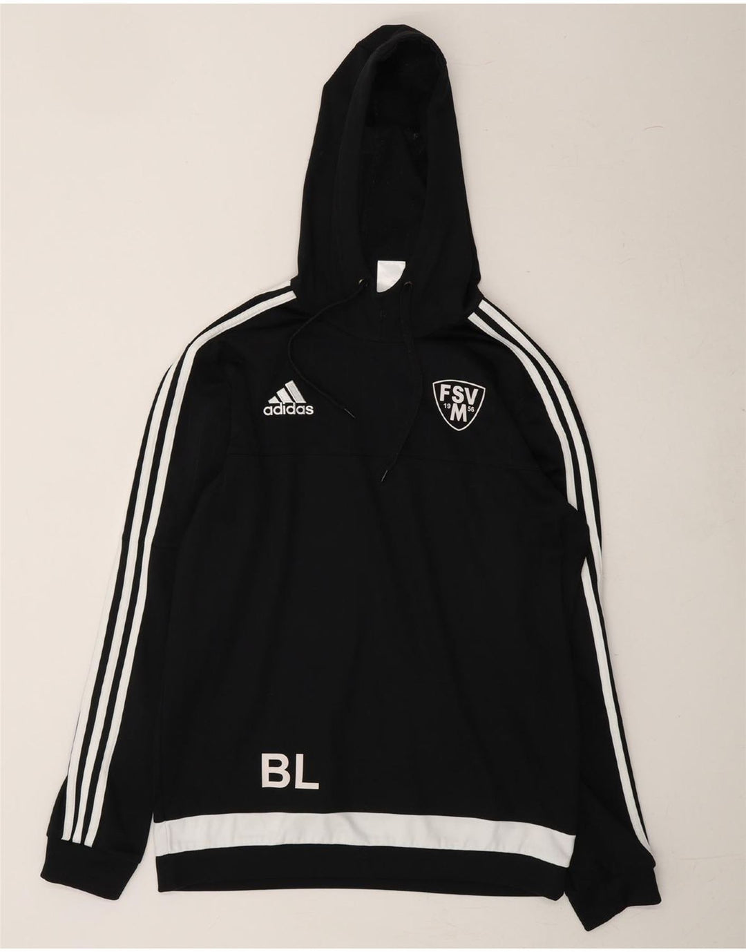 ADIDAS Mens Graphic Hoodie Jumper Medium Black Colourblock Polyester Vintage Adidas and Second-Hand Adidas from Messina Hembry 